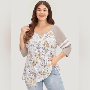 Floral Print Patchwork Raglan Sleeve T-Shirt - Medium
